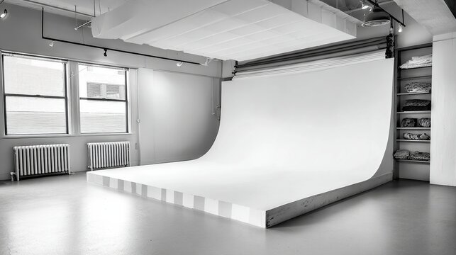 B&W Interior studio, large white backdrop curves to floor