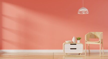 Obraz premium Contemporary Single Chair in Rustic Natural Wood on a Subtle Orange-Red Minimalist Background, Creating a Warm and Inviting Atmosphere