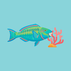 Blue fish near coral reef in light blue background illustration.