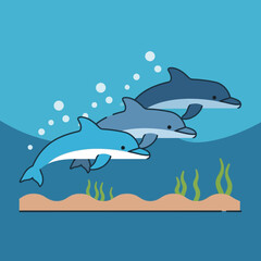 Naklejka premium Three dolphins swim in the ocean with sand and seaweed below them.