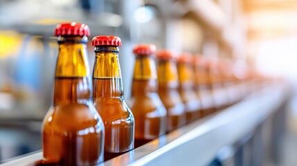 Beer bottles rolling along conveyor belt in a bustling brewery setting