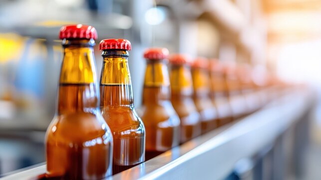 Beer bottles rolling along conveyor belt in a bustling brewery setting