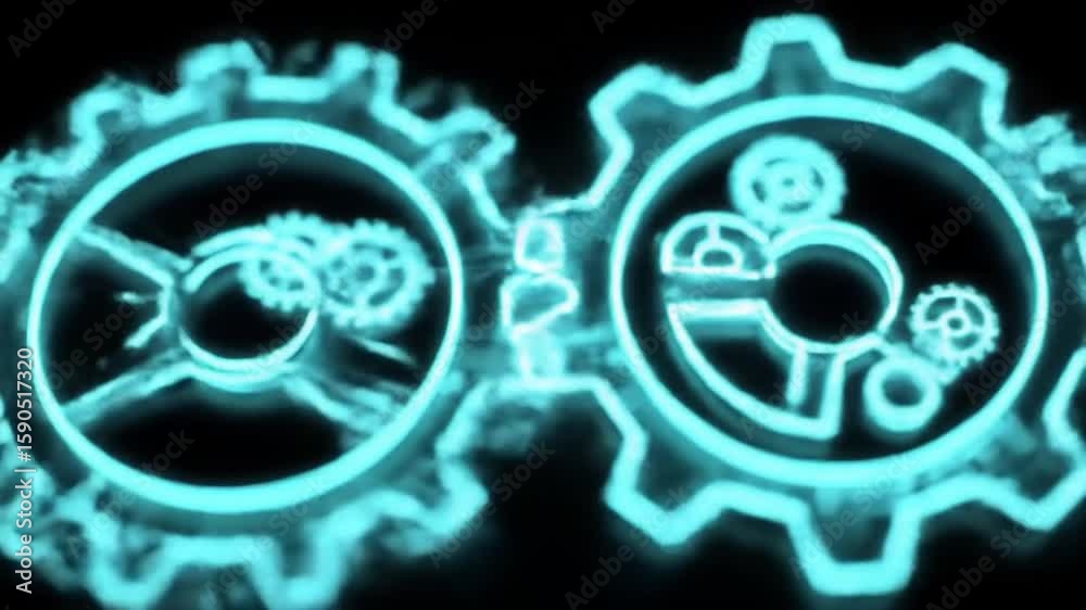 Poster interlocking cyan gears on dark background conveying teamwork and mechanical concepts abstract techn