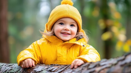 Little girl joyfully balancing on a tree trunk in a vibrant forest