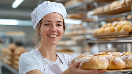 Young female baker smiling while placing fresh bread on shelf