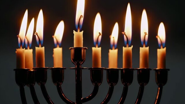 Flickering candlelight on menorah: warm glow of chanukah celebrations captured in timelapse