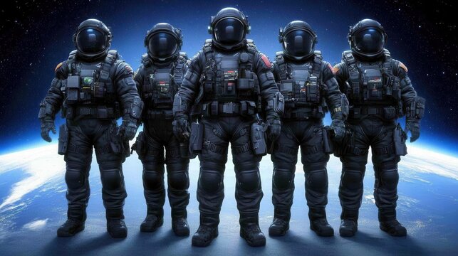 A group of five astronauts in futuristic space suits stands confidently against a backdrop of Earth and stars, This image can be used for science fiction projects, space exploration themes