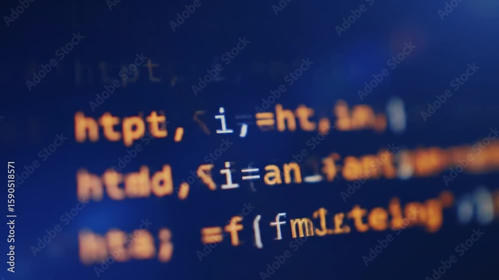 Poster orange code on deep blue screen in macro shot displaying precision in programming and software devel