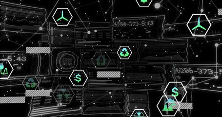 Fading eco hex icons on wireframe grid starting data visualization, sliding bars updating codes - Powered by Adobe