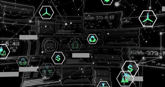 Fading eco hex icons on wireframe grid starting data visualization, sliding bars updating codes