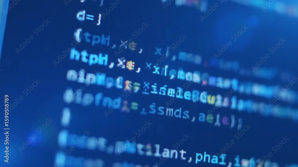 Poster programming code lines on blue computer screen data processing security background
