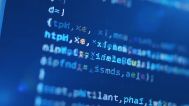 Programming Code Lines on Blue Computer Screen Data Processing Security Background