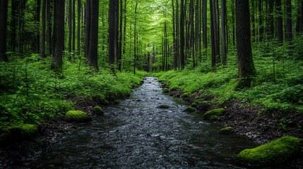Obraz premium A serene forest scene with a calm stream flowing through lush greenery and towering trees, ideal for nature-themed projects, relaxation visuals, or eco-conscious designs,