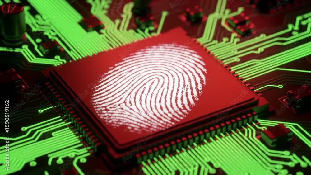 Poster red computer chip displaying white fingerprint on green circuit board for secure access
