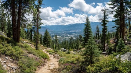 Obraz premium Serene Mountain View from a Nature Trail Surrounded by Evergreen Trees and Lush Greenery Under a Bright Blue Sky and Fluffy Clouds