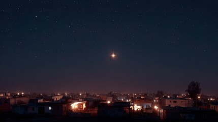 Night Sky Over Urban Settlement with Starry Background and City Lights Illuminating Simple Homes and Streets in Remote Area