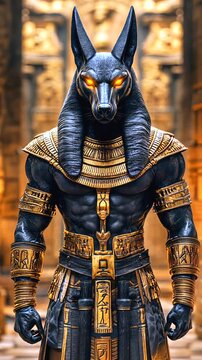 Jackal headed Anubis guarding ancient underworld sanctuary, wearing ornate golden regalia, silhouetted in shadowy temple interior