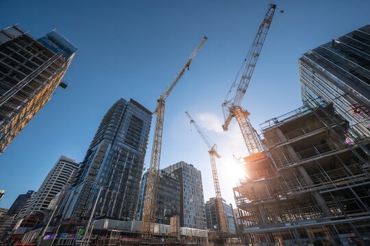 city square under construction with modern high-rise buildings and cranes, symbolizing the growth of urban development. The scene is illuminated by natural sunlight against a blue sky background. Phot - Powered by Adobe