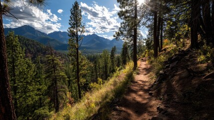 Scenic Hiking Trail Through Lush Pine Forest with Majestic Mountain View Under Bright Blue Sky and Fluffy White Clouds in the Background