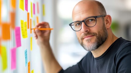 Creative designer plans concepts using sticky notes in vibrant studio space