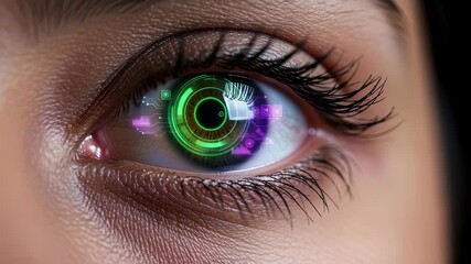 Close up of woman's eye with futuristic digital display of user interface showing biometric scanning, data analysis, and technological advancement - Powered by Adobe