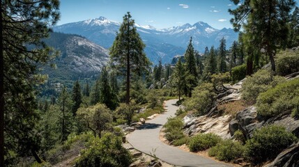 Fototapeta premium Serene Curved Pathway Through Lush Green Forest with Majestic Mountain Range in the Background Under Clear Blue Sky