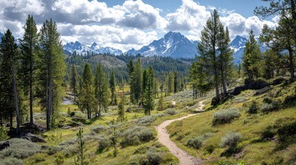 Fototapeta premium Scenic Mountain Landscape with Lush Greenery and Clear Blue Sky, Serene Hiking Trail Surrounded by Majestic Mountains and Vibrant Nature