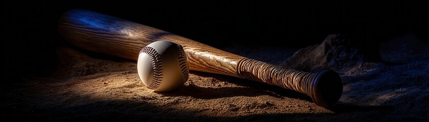 A rustic wooden baseball bat rests beside a pristine baseball on sand, illuminated with dramatic lighting, Ideal for sports-related content, team promotions, or baseball event advertising,