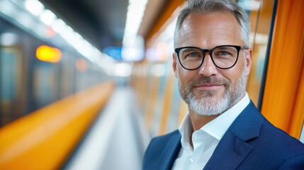 Mature businessman confidently awaits train on urban subway platform