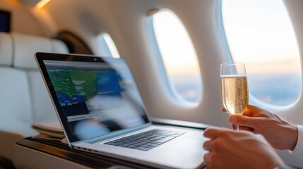 Businessman enjoying luxury flight with laptop and champagne at sunset