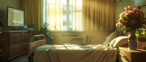In the hospital ward, soft lighting illuminates the sickbed