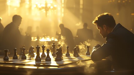 Gentle sunlight falls on the chessboard, as players ponder for a moment