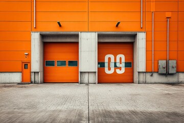 Modern industrial warehouse with orange garage doors and the number on the wall, photographed from the outside. 