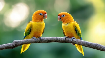 Colorful parrots perched on a branch in a serene forest at sunrise