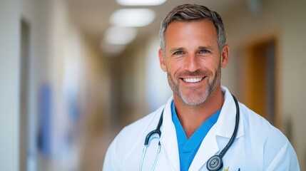 Smiling doctor showcases confidence in hospital corridor