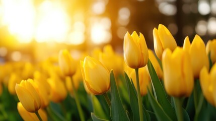 Bright yellow tulips bloom warmly under the golden sun