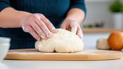 Woman skillfully kneads dough on a wooden board in the cozy kitchen
