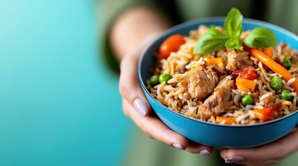 Delightful Saudi woman serves vibrant chicken biryani in a colorful setting