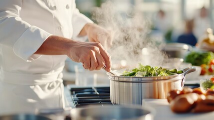 Hands of a chef skillfully preparing fresh vegetables in a bright kitchen
