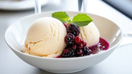 Indulging in creamy vanilla ice cream topped with vibrant elderberry sauce