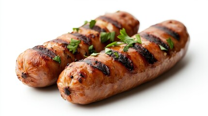 Grilled sausage delight resting gracefully on a pristine white backdrop