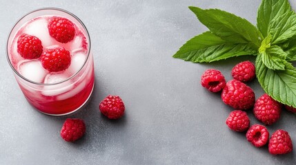 Refreshing raspberry cocktail garnished with fresh berries in flat lay