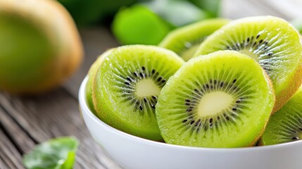 Deliciously sliced kiwis resting in a charming bowl on rustic wood