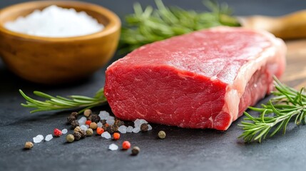Raw striploin steak with salt and spices on a rustic wooden board