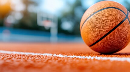 Basketball resting on red court, ready for action in peaceful surroundings