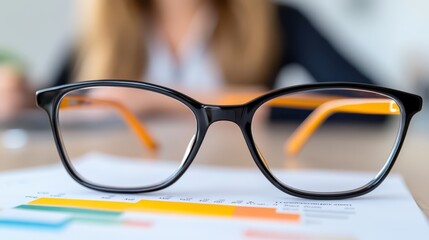 Businesswoman analyzing data through eyeglasses in a modern office