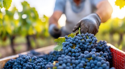Grape picker collects harvest while sunlight filters through vineyard leaves