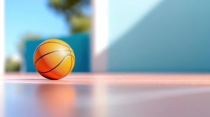 Close-up view of a basketball resting on a vibrant red court surface