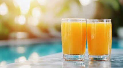 Refreshing orange juice glasses beside a shimmering pool on a sunny day