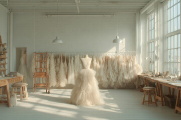 Elegant wedding dress displayed on mannequin in bright atelier